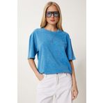 Happiness İstanbul Kadın Mavi Yıkamalı Basic Örme T-Shirt AN00258