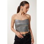 Happiness İstanbul Kadın Metalik Gri Işıltılı Esnek Crop Straplez Bluz NS00434