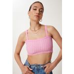Happiness İstanbul Kadın Pembe Askılı Esnek Yazlık Triko Crop Bluz NS00436