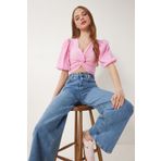 Happiness İstanbul Kadın Pembe Balon Kollu Crop Dokuma Bluz RG00052