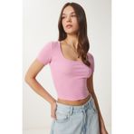 Happiness İstanbul Kadın Pembe Basic Crop Örme Bluz FW00007