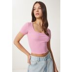 Happiness İstanbul Kadın Pembe Basic Crop Örme Bluz FW00007