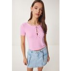Happiness İstanbul Kadın Pembe Fiyonklu Örme T-Shirt MC00296