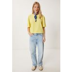 Happiness İstanbul Kadın Sarı Yıkamalı Basic Örme T-Shirt AN00258