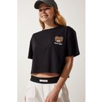 Happiness İstanbul Kadın Siyah Ayıcık Armalı Crop Örme T-Shirt HF00456