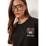 Happiness İstanbul Kadın Siyah Ayıcık Armalı Crop Örme T-Shirt ZV00298