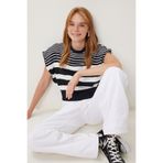Happiness İstanbul Kadın Siyah Beyaz Çizgili Crop Triko Bluz YY00264