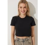 Happiness İstanbul Kadın Siyah Bisiklet Yaka Basic Crop Örme T-Shirt MX00159