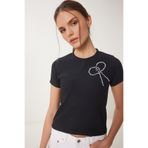 Happiness İstanbul Kadın Siyah Boncuklu Fiyonk Detaylı Örme T-Shirt ZV00290