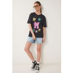 Happiness İstanbul Kadın Siyah Fiyonk Baskılı Örme T-Shirt VN00024
