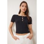 Happiness İstanbul Kadın Siyah Fiyonklu Örme T-Shirt MC00296