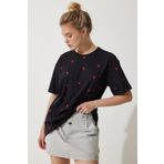 Happiness İstanbul Kadın Siyah Kalpli %100 Pamuk Oversize Uzun Örme T-Shirt NJ00148