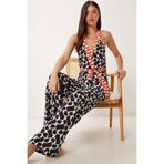 Happiness İstanbul Kadın Siyah Kemik Desenli Halter Yaka Viskon Tulum HM00068