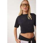 Happiness İstanbul Kadın Siyah Pamuklu Crop Örme T-Shirt CR00443