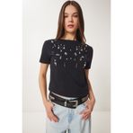 Happiness İstanbul Kadın Siyah Şık Taşlı Crop Örme T-Shirt JH00053