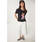 Happiness İstanbul Kadın Siyah Taş Detaylı Ayıcık Baskılı Örme T-Shirt BW00001