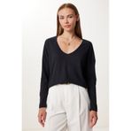 Happiness İstanbul Kadın Siyah V Yaka Basic Fitilli Örme Bluz UB00441