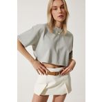 Happiness İstanbul Kadın Taş Grisi %100 Pamuk Oversize Crop Örme T-Shirt BP00164