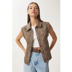Happiness İstanbul Kadın Vizon Kahverengi Leopar Desenli Gömlek Yaka Denim Yelek