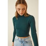 Happiness İstanbul Kadın Yeşil Fitilli Balıkçı Yaka Crop Örme Bluz
