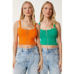 Happiness İstanbul Kadın Yeşil Oranj Fermuarlı Fitilli Esnek 2’Li Takım Crop Örme Bluz MX00190