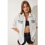Happiness İstanbul RG00031 Beyaz Nakışlı Cepli Oversize Keten Ayrobin Kadın Gömlek