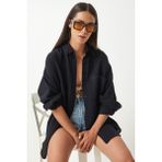 Happiness İstanbul SİYAH Oversize Basic Müslin Gömlek Günlük Stil Düz Desen Uzun Kollu Kadın Giyim - 40 - Siyah