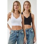 Happiness OW00031 İstanbul Kadın Antrasit Beyaz Askılı 2'Li Paket Crop Örme Bluz