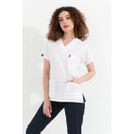 Happiness Spaniard - Likralı Doktor Hemşire Forma Takımı Scrubs Üniforma Cerrahi Takım (Kadın), Beyaz/lacivert - Beyaz - Lacivert