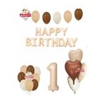 Happy Birthday 1 Yaş Bej Folyo Balon Kahverengi Beyaz Bej Doğum Günü Parti Seti
