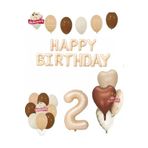 Happy Birthday 2 Yaş Bej Folyo Balon Kahverengi Beyaz Bej Doğum Günü Parti Seti