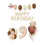 Happy Birthday 9 Yaş Bej Folyo Balon Kahverengi Beyaz Bej Doğum Günü Parti Seti