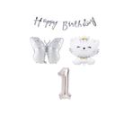 Happy Bırthday Banner Sevimli Kedi Kelebek ve Rakam Folyo Balon Seti Yaş 1