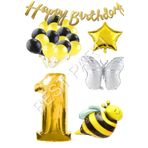 Happy Bırthday Banner ve Arı Kelebek Karakterli Yıldız Folyo Balon Seti Yaş 1