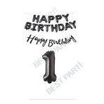 Happy Bırthday Siyah Renk Folyo Balon Kaligrafi Banner ve Rakam Seti Yaş 1