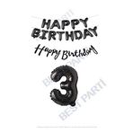 Happy Bırthday Siyah Renk Folyo Balon Kaligrafi Banner ve Rakam Seti Yaş 3