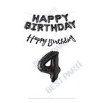 Happy Bırthday Siyah Renk Folyo Balon Kaligrafi Banner ve Rakam Seti Yaş 4
