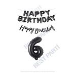 Happy Bırthday Siyah Renk Folyo Balon Kaligrafi Banner ve Rakam Seti Yaş 6
