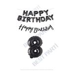 Happy Bırthday Siyah Renk Folyo Balon Kaligrafi Banner ve Rakam Seti Yaş 8
