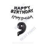 Happy Bırthday Siyah Renk Folyo Balon Kaligrafi Banner ve Rakam Seti Yaş 9