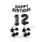Happy Bırthday Siyah Renk Folyo Balon Latex Balon ve Folyo Rakam Seti Yaş 12