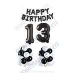 Happy Bırthday Siyah Renk Folyo Balon Latex Balon ve Folyo Rakam Seti Yaş 13