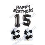 Happy Bırthday Siyah Renk Folyo Balon Latex Balon ve Folyo Rakam Seti Yaş 15