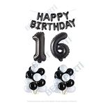 Happy Bırthday Siyah Renk Folyo Balon Latex Balon ve Folyo Rakam Seti Yaş 16