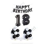 Happy Bırthday Siyah Renk Folyo Balon Latex Balon ve Folyo Rakam Seti Yaş 18