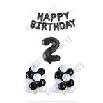 Happy Bırthday Siyah Renk Folyo Balon Latex Balon ve Folyo Rakam Seti Yaş 2