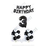 Happy Bırthday Siyah Renk Folyo Balon Latex Balon ve Folyo Rakam Seti Yaş 3