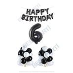 Happy Bırthday Siyah Renk Folyo Balon Latex Balon ve Folyo Rakam Seti Yaş 6