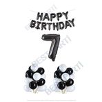 Happy Bırthday Siyah Renk Folyo Balon Latex Balon ve Folyo Rakam Seti Yaş 7