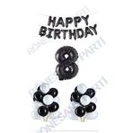 Happy Bırthday Siyah Renk Folyo Balon Latex Balon ve Folyo Rakam Seti Yaş 8
